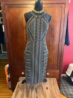BCBGMaxAzria Black and Cream Pyramid Halter Sheath Dress Sz. L